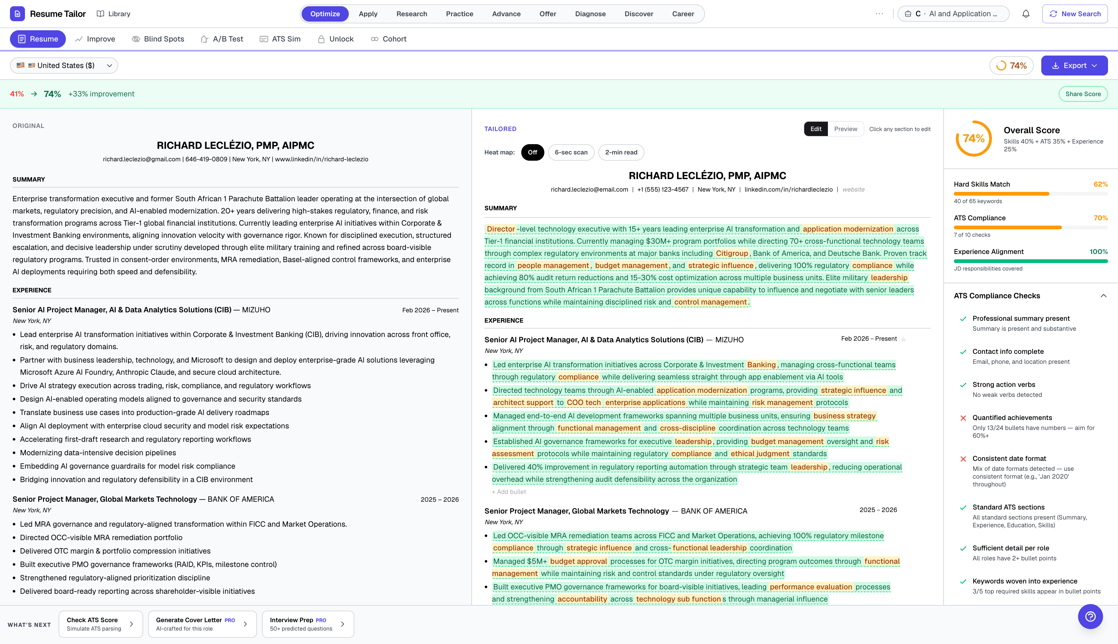 Resume Builder dashboard — AI resume tailoring in action