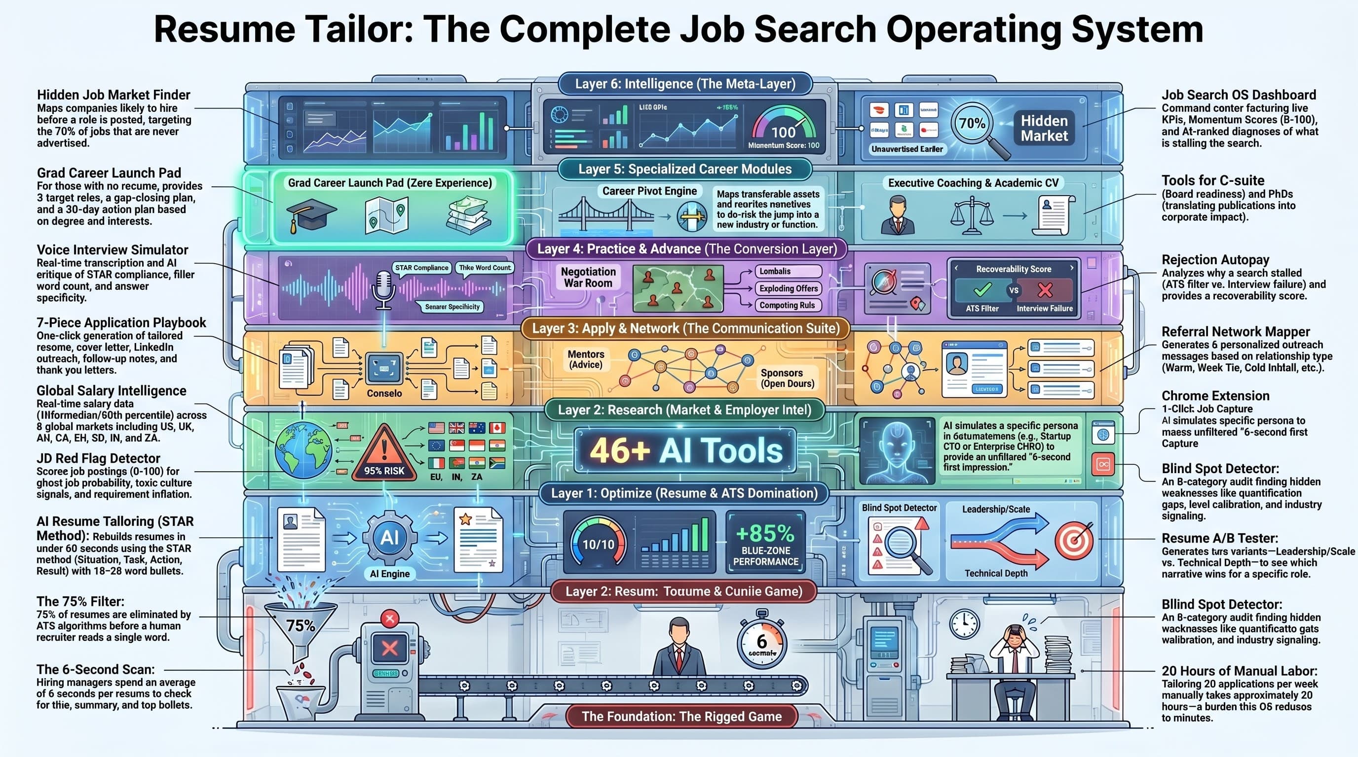 Resume Tailor β All 46 AI tools organized across Optimize, Apply, Research, Practice, Advance, and Intelligence phases