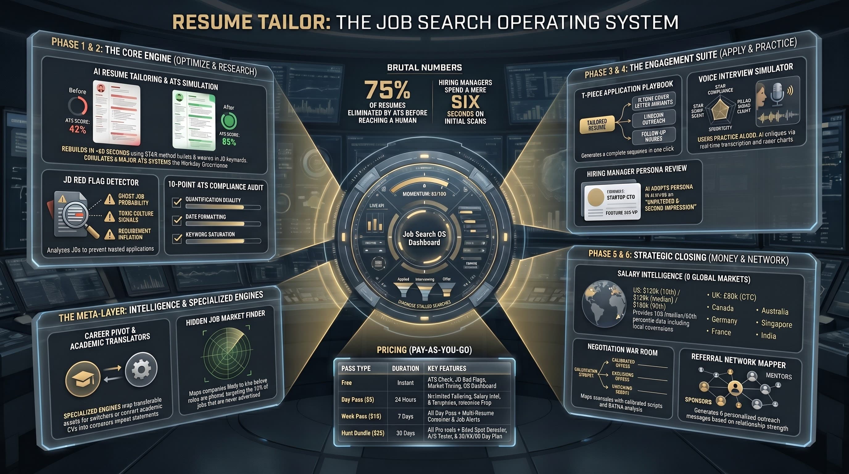 Resume Tailor OS β System Architecture: 46 tools across six phases sharing context in a single session