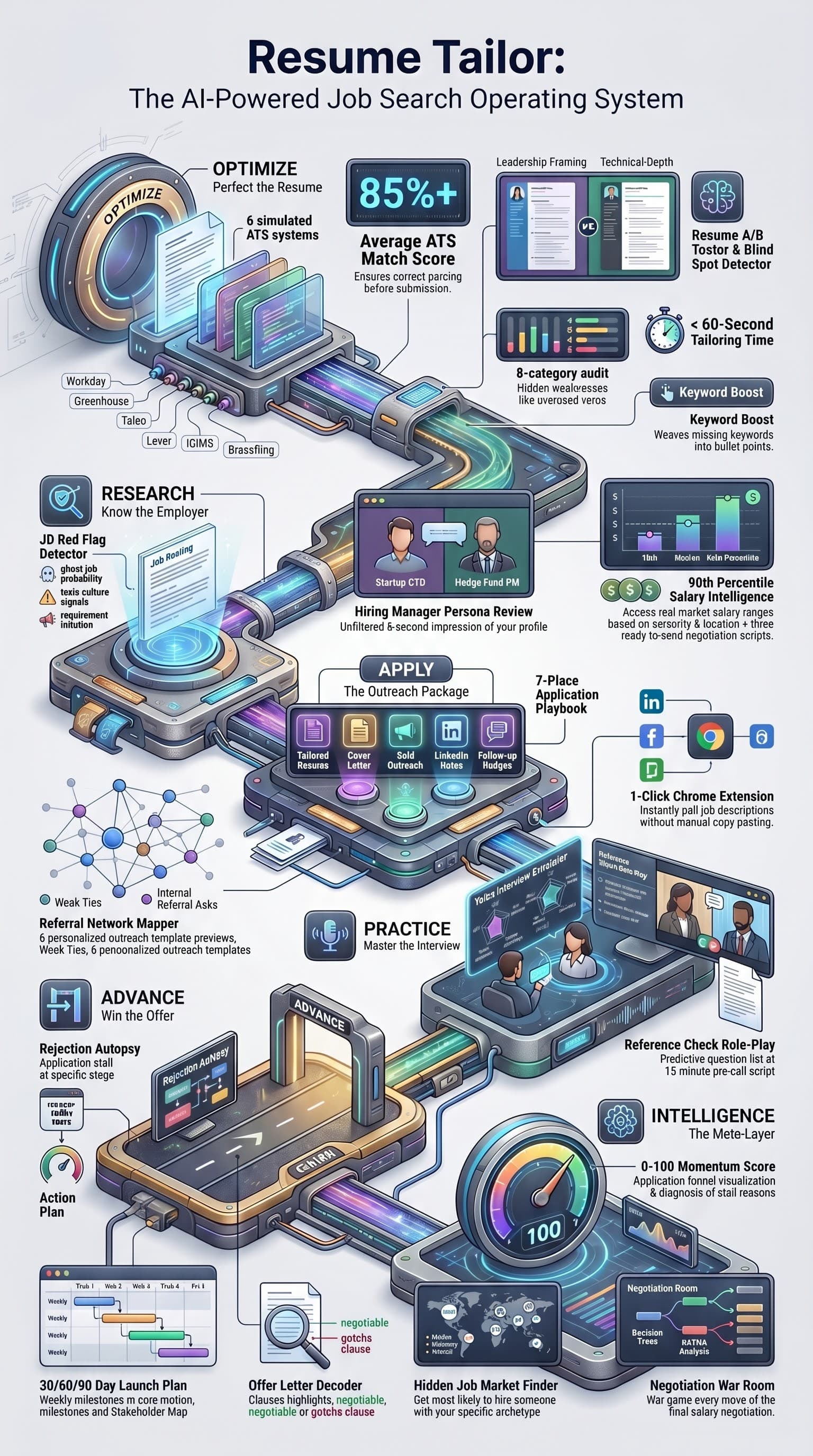 Resume Tailor β The AI-Powered Job Search Operating System: all five phases (Optimize, Research, Apply, Practice, Advance) and the Intelligence meta-layer mapped out