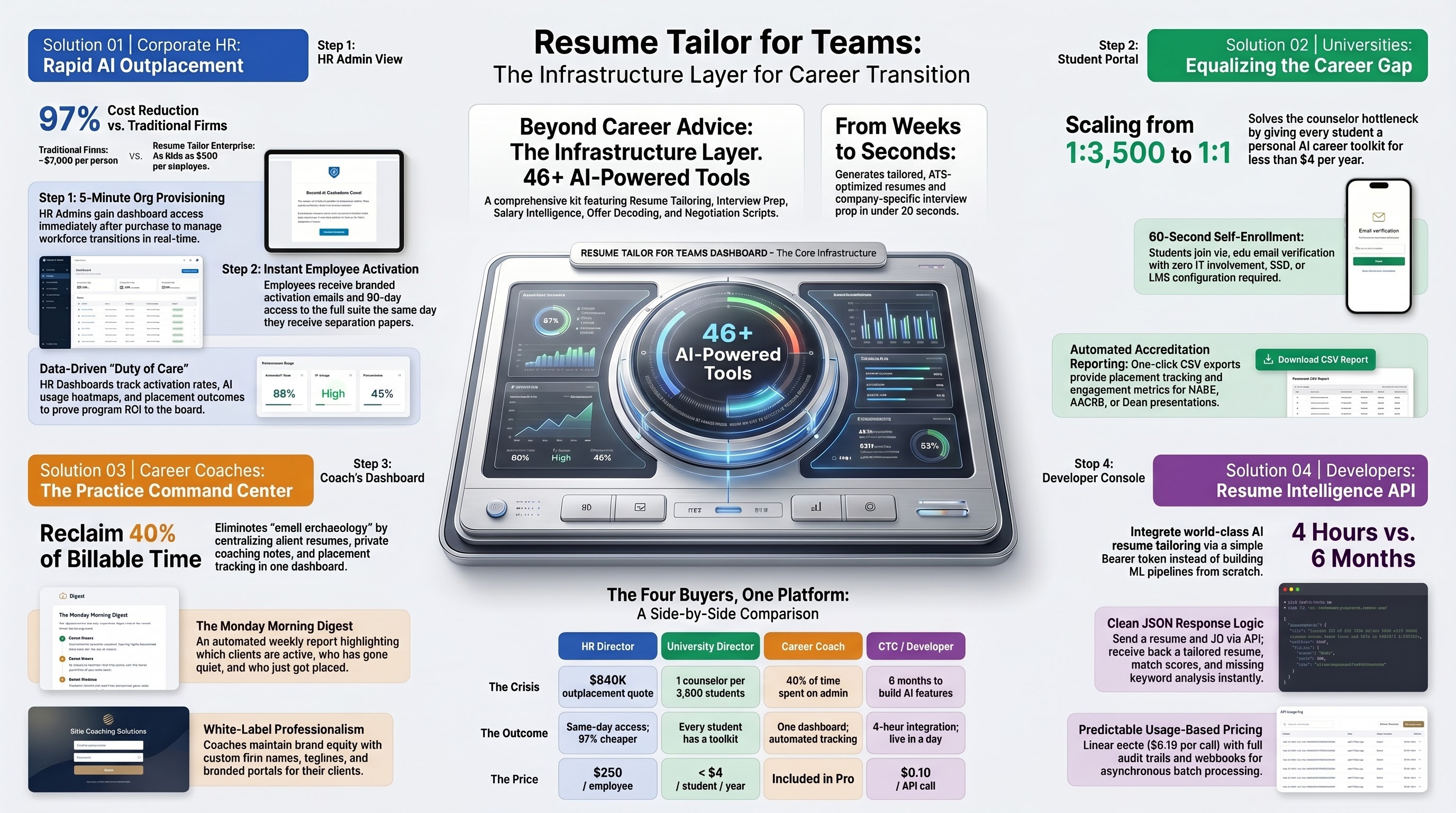Resume Builder for Teams — complete platform overview showing all four B2B solutions, 47+ AI tools, and buyer comparison